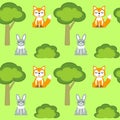 Felt toys, seamless background. A Fox, a hare, a Bush and a tree.